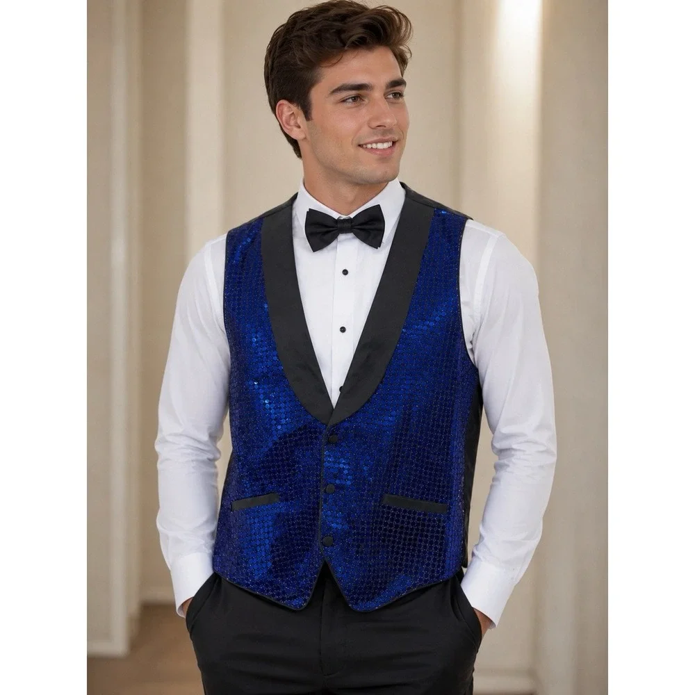 VTG NWT Simco Formalwear 42L Long Royal Blue Sequin Tuxedo Vest Shawl Lapel Prom